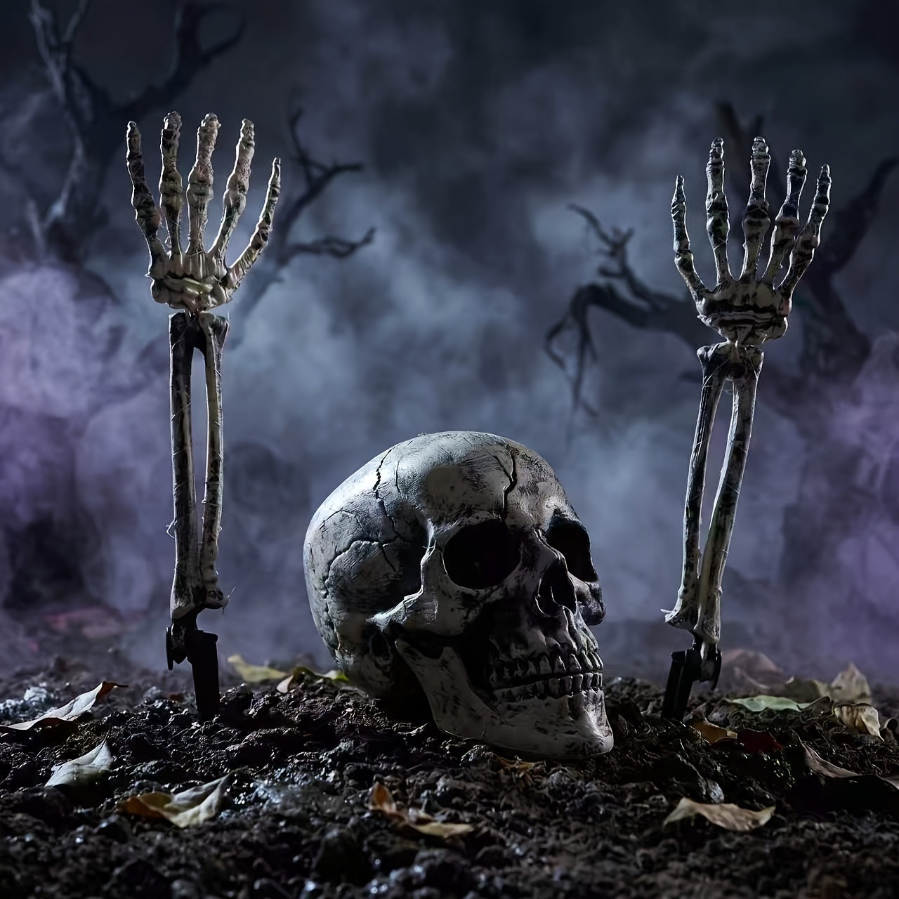Halloween Skeleton Decoration - 3-teiliges Halloween-Gartendekor-Set: Totenkopf mit Skeletthand, Stäbe,