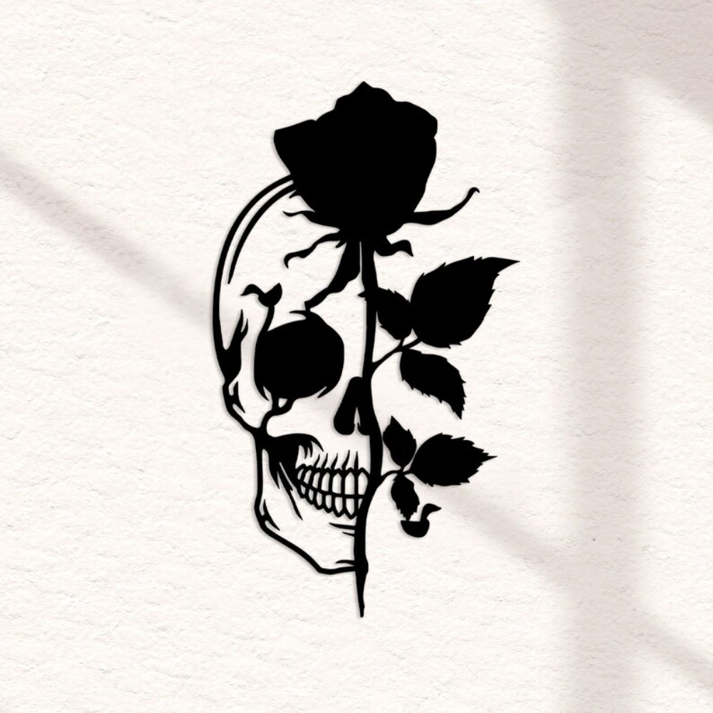 Halloween Skeleton Decoration - Totenkopf mit Rose Metall-Wandkunst, Blumen-Totenkopf-Schilder, Zuckerschädel,
