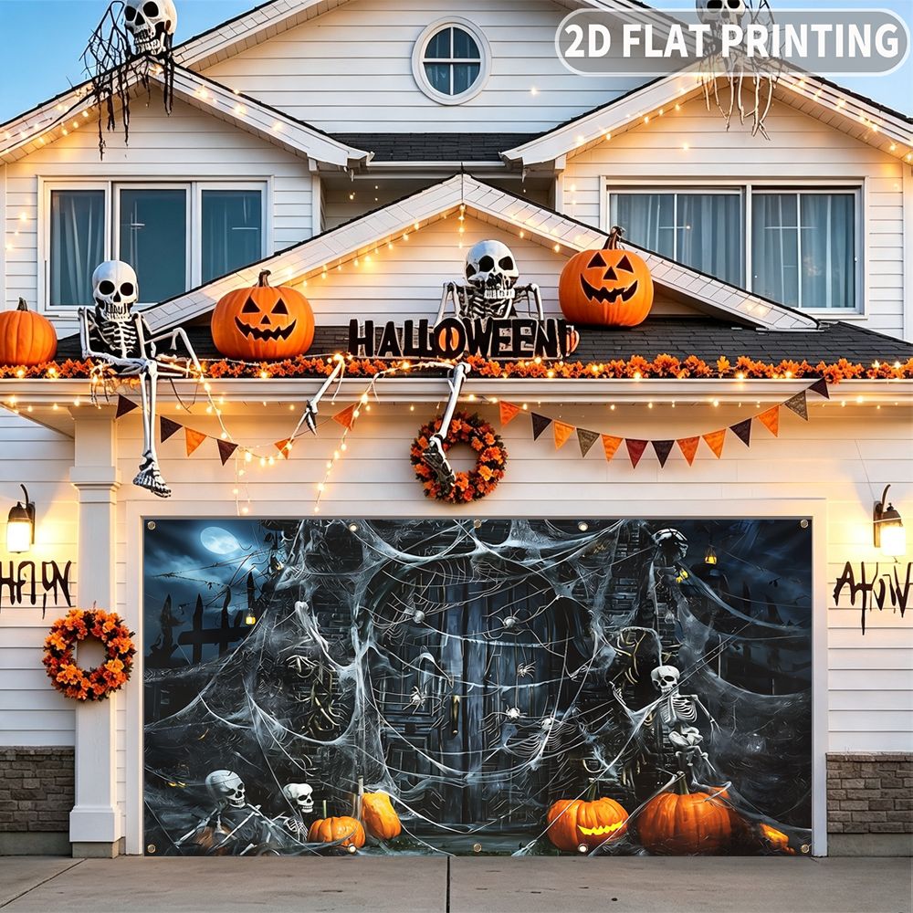 Spider Web Halloween Decoration - 1 Stück 2D FLAT Halloween-Party-Garagenbanner, Halloween-Skelette,