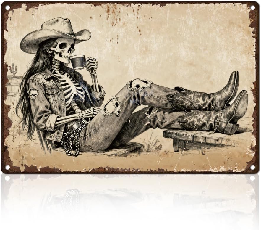 Skelett-Cowgirl-Blechschild, R – Halloween Skeleton Decoration Bewertung und Preis